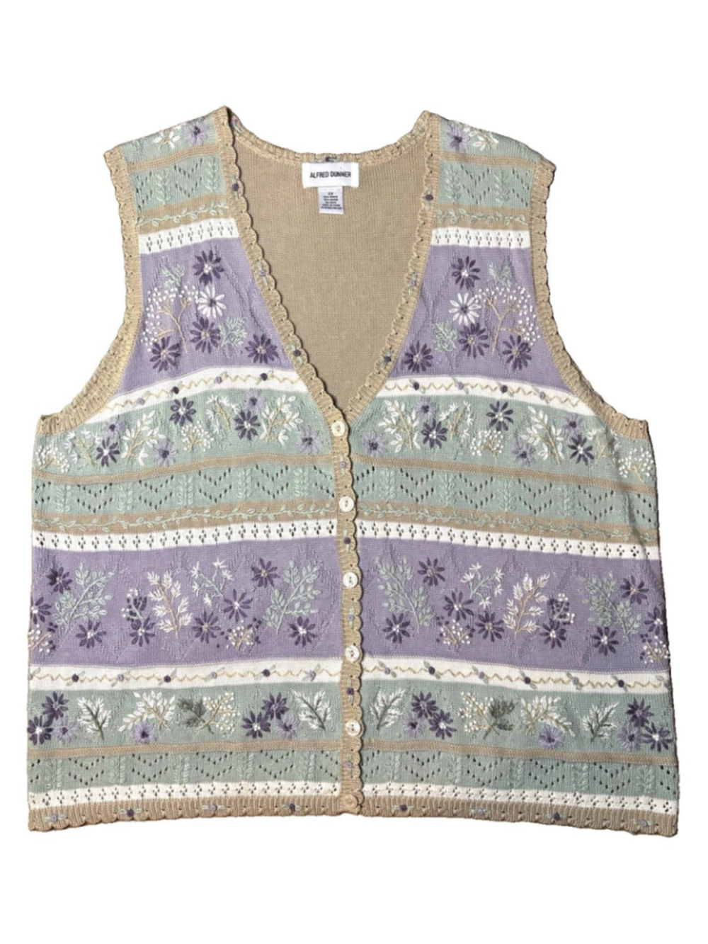 Alfred Dunner 2X Ramie Rayon Floral Embroidered Button Knit Vest Cottagecore